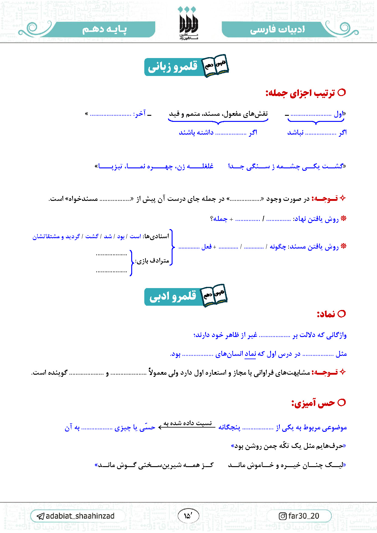 جزوه مصور ادبیات فارسی پایه 10- استاد شاهین زاد نهایی 1406